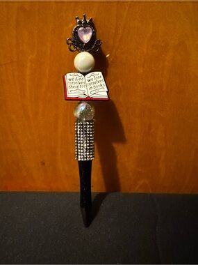 Embellished Black Pencil Case Accessory with Pink Heart & Book Charm